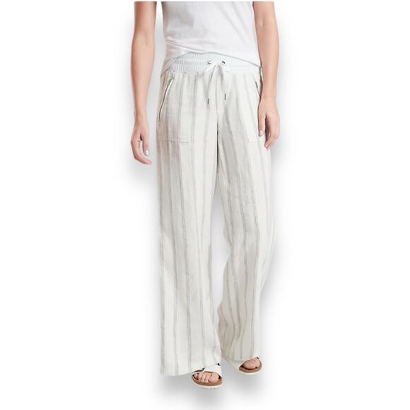 Athleta Cabo Tide Linen Wide Leg Pants Women’s 4 Cream Nautical Striped Beach - Picture 2 of 9